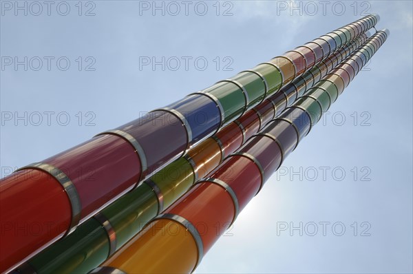 Museum, Mercedes-Benz Museum, Stuttgart, View of a column of colourful tubes against the blue sky, Mercedes-Benz Museum, Stuttgart, Baden-Wuerttemberg, Germany, Europe