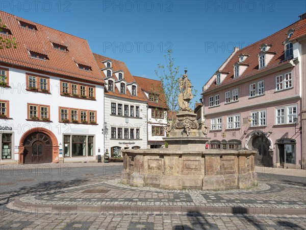 The main market square in the historic old town with the Schellenbrunnen fountain, Gotha, Thuringia, Germany, Europe