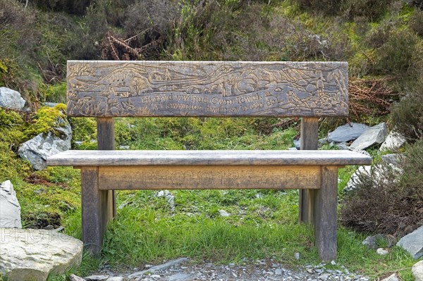 Bench with engraved picture, Snowdonia National Park near Pont Pen-y-benglog, Bethesda, Bangor, Wales, Great Britain