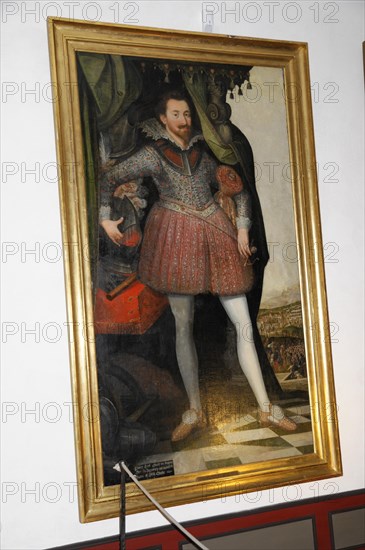 Langenburg Castle, A portrait painting of a man in armour against a historical background, Langenburg Castle, Langenburg, Baden-Wuerttemberg, Germany, Europe