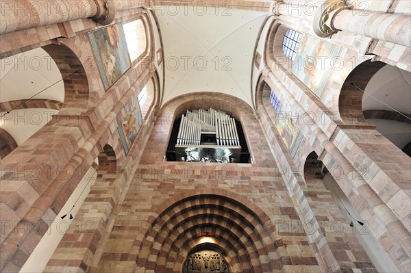 Speyer Cathedral, view of the organ and the high vault of a church with light streaming through the windows, Speyer Cathedral, Unesco World Heritage Site, foundation stone laid around 1030, Speyer, Rhineland-Palatinate, Germany, Europe