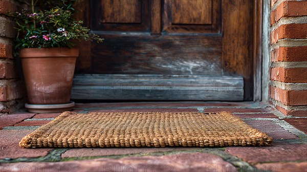 Blank welcome mat at custom front door of house. generative AI, AI generated