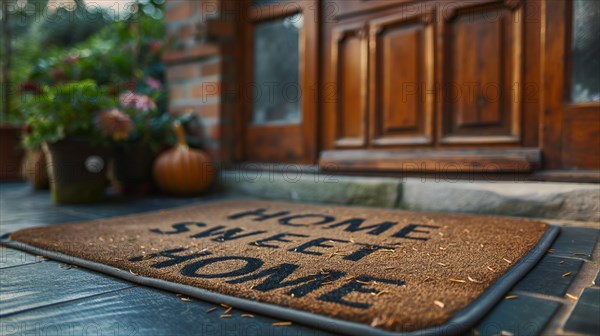 Home sweet home welcome mat at front door of house. generative AI, AI generated