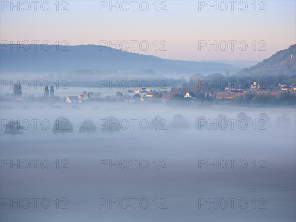 Morning fog in the Bluetengrund, Saale valley near Naumburg (Saale), Saxony-Anhalt, Germany, Europe