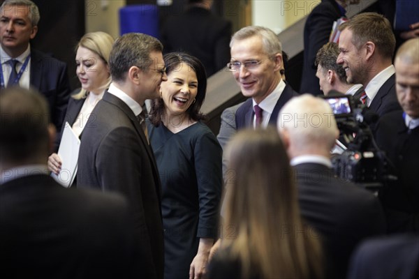 Dmytro Kuleba, Foreign Minister of Ukraine, Annalena Baerbock, Federal Foreign Minister, and Jens Stoltenberg, NATO Secretary General, taken in front of the start of a meeting of the North Atlantic-Ukraine Council in the format of the foreign ministers of the contracting states and Ukraine. Brussels, 04.04.2024. Photographed on behalf of the Federal Foreign Office