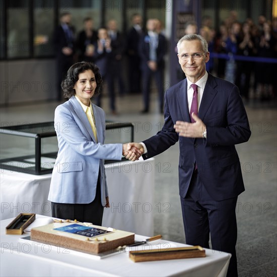 (L-R) Hadja Lahbib, Foreign Minister of Belgium, and Jens Stoltenberg, Secretary General of the North Atlantic Council, photographed during the ceremony to mark the 75th anniversary of the signing of the founding document of the North Atlantic Treaty. Brussels, 04.04.2024. Photographed on behalf of the Federal Foreign Office