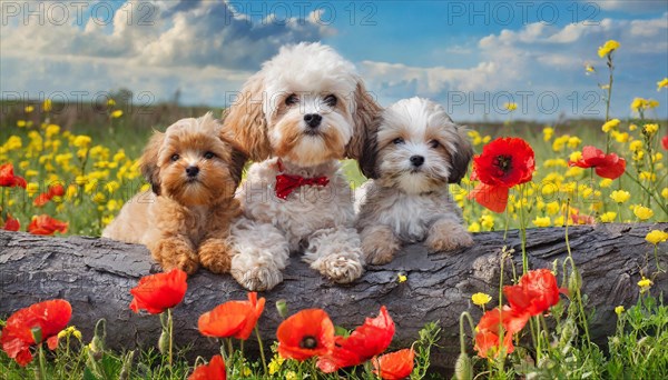 KI generated, animal, animals, mammal, mammals, Maltipoo (Canis lupus familiaris), dog, dogs, bitch, cross between poodle and Maltese, dwarf poodle, small poodle, flower meadow, tree trunk, one bitch and two puppies