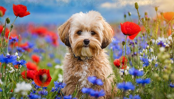 KI generated, animal, animals, mammal, mammals, Maltipoo (Canis lupus familiaris), dog, dogs, bitch, cross between poodle and Maltese, dwarf poodle, small poodle, flower meadow, puppy, cream