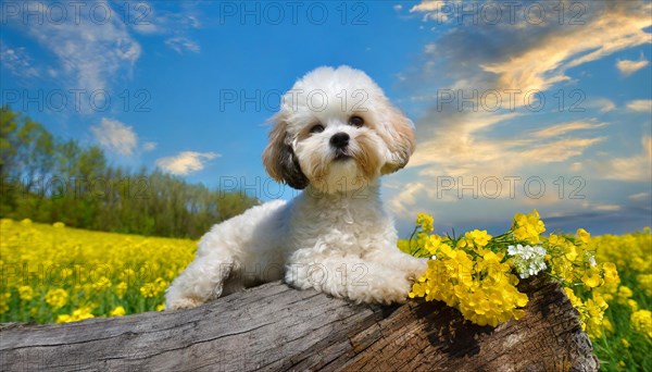 KI generated, animal, animals, mammal, mammals, Maltipoo (Canis lupus familiaris), dog, dogs, bitch, cross between poodle and Maltese, dwarf poodle, small poodle, flower meadow, tree trunk, small puppy lying on tree trunk in front of rape field