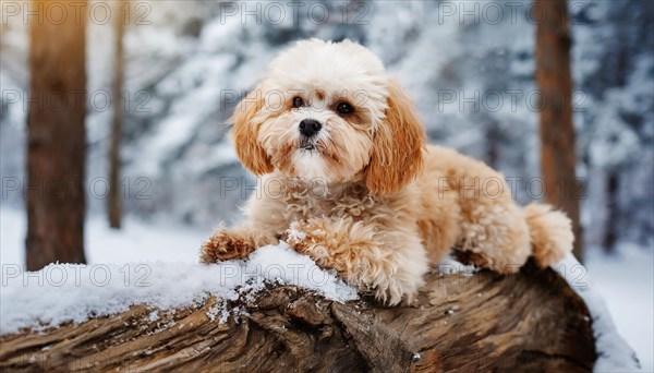 KI generated, animal, animals, mammal, mammals, Maltipoo (Canis lupus familiaris), dog, dogs, bitch, cross between poodle and Maltese, dwarf poodle, small poodle, flower meadow, tree trunk, autumn, onset of winter, puppy