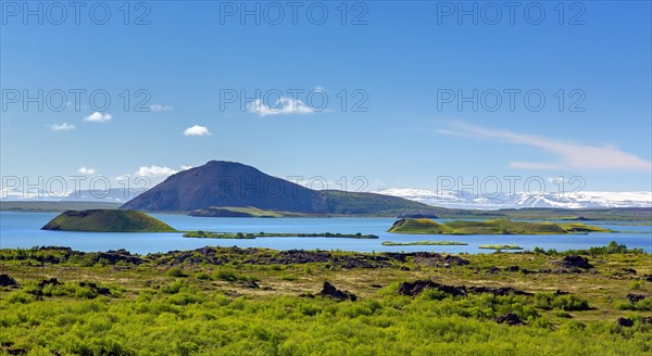 View over the shallow lake Myvatn in summer, Norourland eystra, Nordurland eystra in the north of Iceland