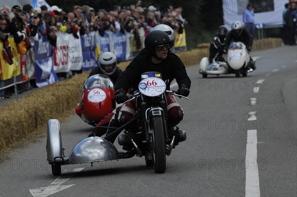 Motorbike with sidecar in action on a race track with spectators, SOLITUDE REVIVAL 2011, Stuttgart, Baden-Wuerttemberg, Germany, Europe