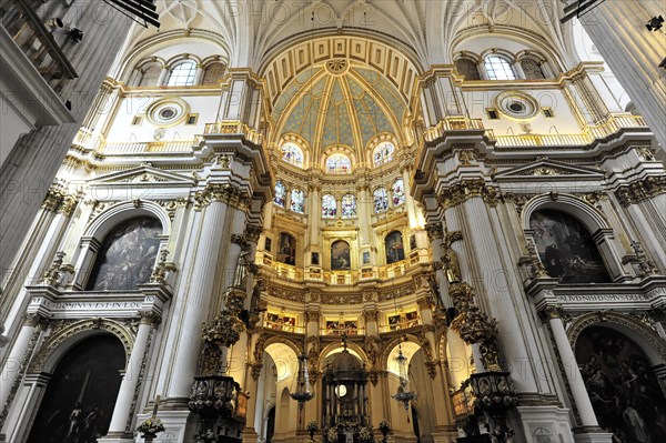 Santa Maria de la Encarnacion, Cathedral of Granada, upward view into the interior of a church dome with baroque gold decoration, Granada, Andalusia, Spain, Europe