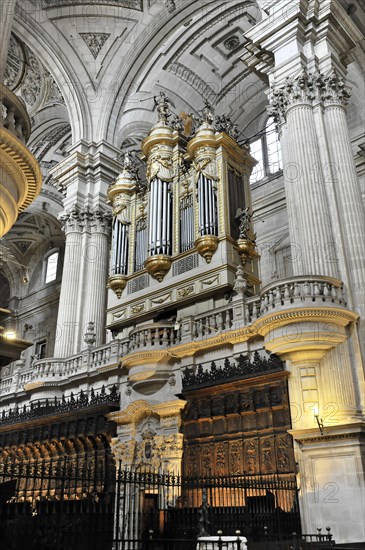 Jaen, Catedral de Jaen, Cathedral of Jaen from the 13th century, Renaissance art period, Jaen, A large church organ surrounded by columns and sculptures in the interior of a church, Jaen, Andalusia, Spain, Europe