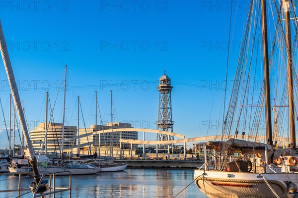View of the old harbour and the cable car in Barcelona, Spain, Europe