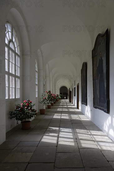 Interior view, cloister, Benedictine monastery Rajhrad, Loucka, Rajhrad, Jihomoravsky kraj, Czech Republic, Europe