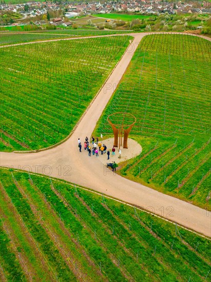 Group of people at an art installation in the middle of a green vineyard from a bird's eye view, Jesus Grace Chruch, Weitblickweg, Easter hike, Hohenhaslach, Germany, Europe