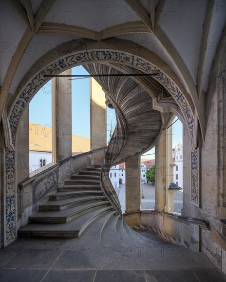 Unsupported spiral staircase in the Grosser Wendelstein stair tower, Hartenfels Castle, Torgau, Saxony, Germany, Europe