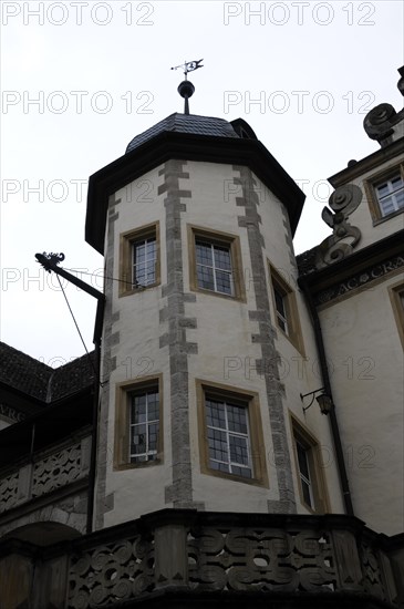 Langenburg Castle, detailed view of a tower with facade details on a historic building, Langenburg Castle, Langenburg, Baden-Wuerttemberg, Germany, Europe