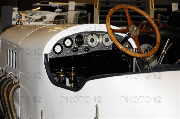 Deutsches Automuseum Langenburg, View into the cockpit of a white vintage racing car with wooden steering wheel and classic instruments, Deutsches Automuseum Langenburg, Langenburg, Baden-Wuerttemberg, Germany, Europe