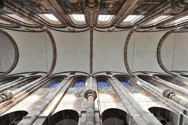 Speyer Cathedral, view into the vault of a church with coloured windows and ceiling paintings, Speyer Cathedral, Unesco World Heritage Site, foundation stone laid around 1030, Speyer, Rhineland-Palatinate, Germany, Europe