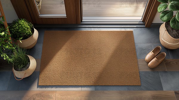 Blank welcome mat and pair of shoes at front door of house. generative AI, AI generated