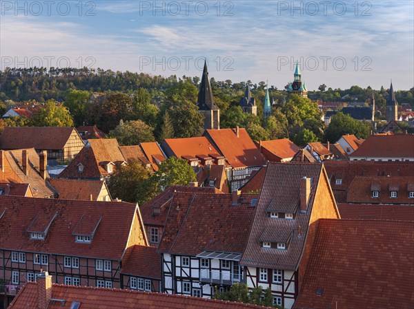 View from the Schlossberg of the roofs of the half-timbered houses and the towers in the historic old town, UNESCO World Heritage Site, Quedlinburg, Saxony-Anhalt, Germany, Europe