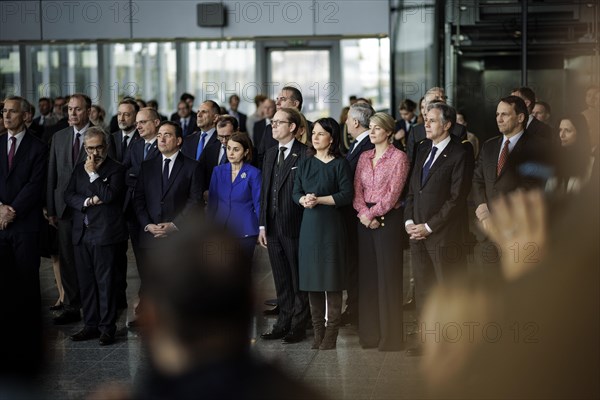 (L-R) Jose Manuel Albares, Foreign Minister of Spain, Lumini?a-Teodora Odobescu, Foreign Minister of Romania, Tobias Billstroem, Foreign Minister of Sweden, Annalena Baerbock, Federal Minister for Foreign Affairs, Melanie Joly, Foreign Minister of Canada, Antony Blinken, Secretary of State of the United States of America, Ceremony on the occasion of the 75th anniversary of the signing of the founding document of the North Atlantic Treaty. Brussels, 04.04.2024. Photographed on behalf of the Federal Foreign Office