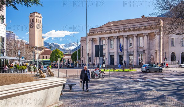 Main railway station with rose garden group 3002m in the background, Bolzano, Adige Valley, South Tyrol, Trentino-Alto Adige, Italy, Europe