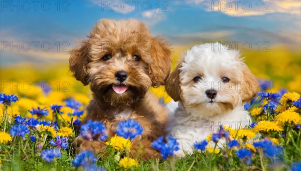 KI generated, animal, animals, mammal, mammals, Maltipoo (Canis lupus familiaris), dog, dogs, bitch, cross between poodle and Maltese, dwarf poodle, small poodle, flower meadow, two, bitch with puppy