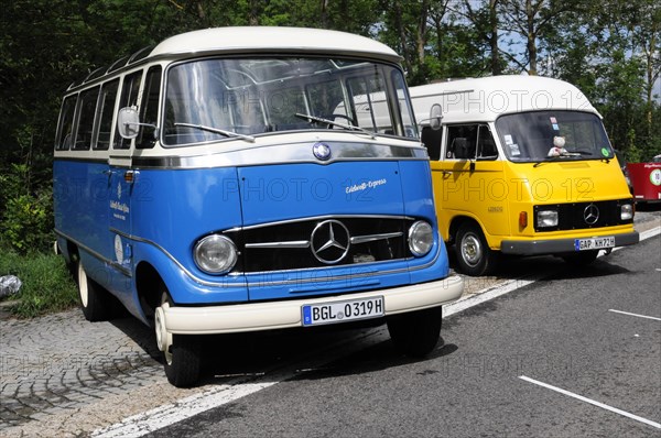 Two colourful vintage vans parked next to each other, SOLITUDE REVIVAL 2011, Stuttgart, Baden-Wuerttemberg, Germany, Europe