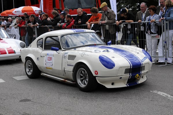 A grey vintage sports car with blue stripes takes part in a racing event, SOLITUDE REVIVAL 2011, Stuttgart, Baden-Wuerttemberg, Germany, Europe