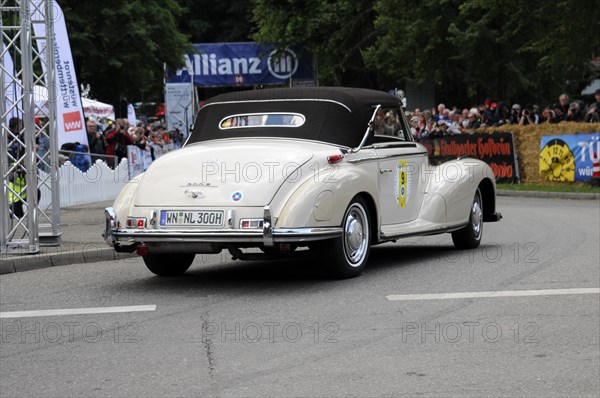 A white Mercedes cabriolet from behind at a classic car rally, SOLITUDE REVIVAL 2011, Stuttgart, Baden-Wuerttemberg, Germany, Europe