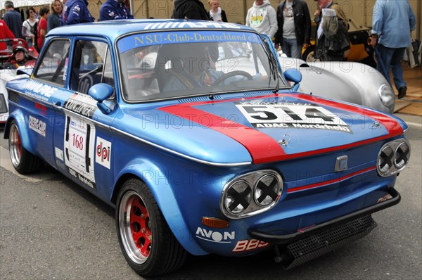 NSU TT, built in 1968, A blue NSU racing classic car with the number 168 is surrounded by spectators, SOLITUDE REVIVAL 2011, Stuttgart, Baden-Wuerttemberg, Germany, Europe