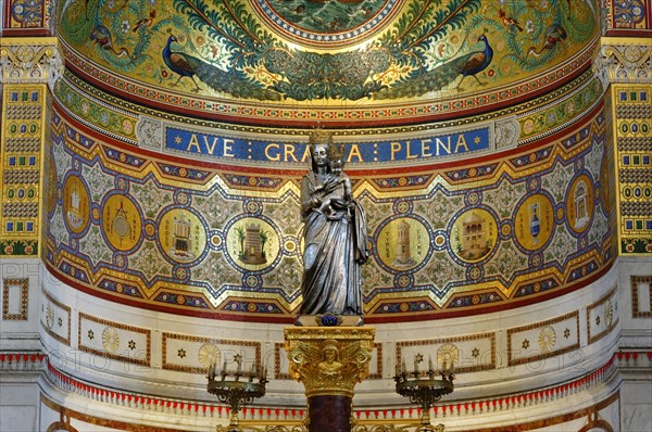 Church of Notre-Dame de la Garde with mosaics, Marseille, Interior view of a church dome with mosaic work, inscriptions and statue of the Virgin Mary, Marseille, Departement Bouches-du-Rhone, Provence-Alpes-Cote d'Azur region, France, Europe
