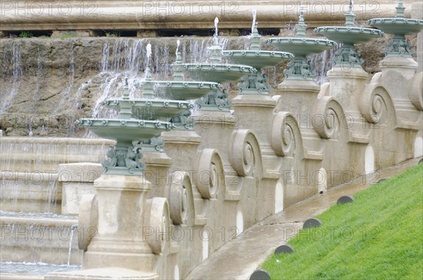 Palais Longchamp, Marseille, details of a historic cascading fountain with green patina and flowing water, Marseille, Departement Bouches-du-Rhone, Region Provence-Alpes-Cote d'Azur, France, Europe