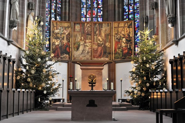 Interior, altar of St Mary's Chapel, market square, Wuerzburg, church with highly detailed altar, surrounded by Christmas trees and stained glass windows, Wuerzburg, Lower Franconia, Bavaria, Germany, Europe
