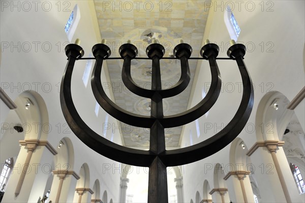 St Kilian's Cathedral, St Kilian's Cathedral, Wuerzburg, Black menorah in front of an altar in a church, symbol of Judaism, Wuerzburg, Lower Franconia, Bavaria, Germany, Europe