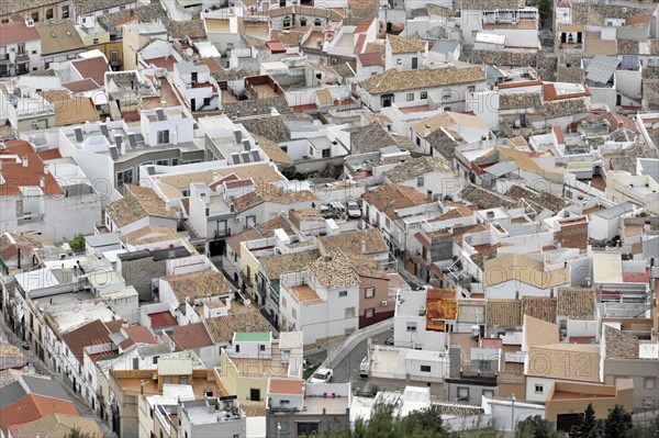 View of Jaen from the Castillo de Santa Catalina, dense urban view of a city with numerous white and terracotta-coloured roofs, Granada, Andalusia, Spain, Europe