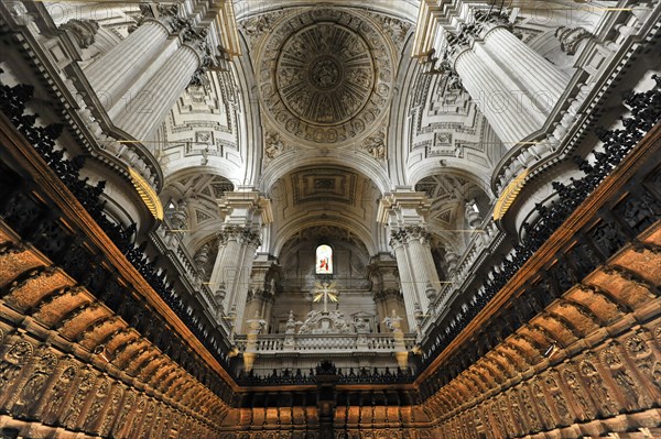 Jaen, Catedral de Jaen, Cathedral of Jaen from the 13th century, Renaissance art epoch, Jaen, Baroque ceiling design of a theatre with central fresco and decorations, Jaen, Andalusia, Spain, Europe