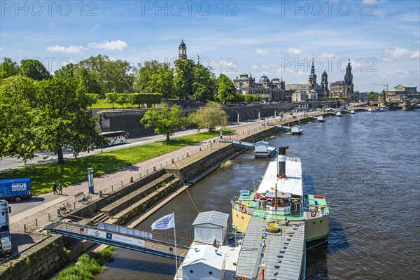 View of the historic old town ensemble and the steamer landing stage on the Terrassenufer in Dresden, Saxony, Germany, Europe