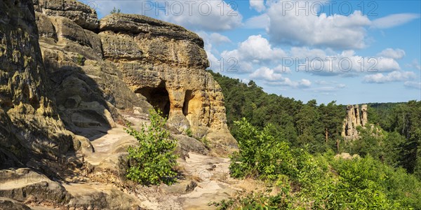 Panorama, Klusfelsen and Fuenffingerfelsen in the Klusberge, sandstone rocks with natural and artificial caves in the Harz Mountains, Halberstadt, Saxony-Anhalt, Germany, Europe