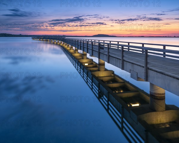 Pier in the harbour at dawn, Braunsbedra Marina, Geiseltalsee, Saxony-Anhalt, Germany, Europe