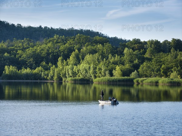 Fishing boat on the Geiseltalsee, Braunsbedra, Saxony-Anhalt, Germany, Europe