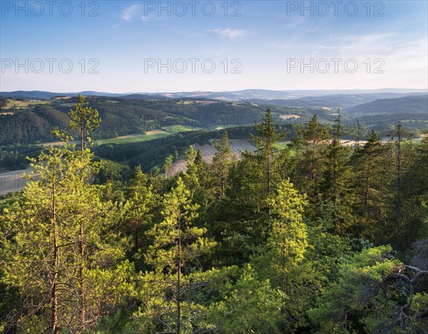 View from the shell limestone slopes near Bad Blankenburg of typical hilly landscape with forests and fields in the evening, Bad Blankenburg, Thuringia, Germany, Europe