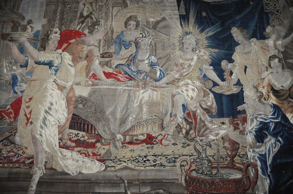 Langenburg Castle, magnificent tapestry with mythological scenes and allegorical figures, Langenburg Castle, Langenburg, Baden-Wuerttemberg, Germany, Europe