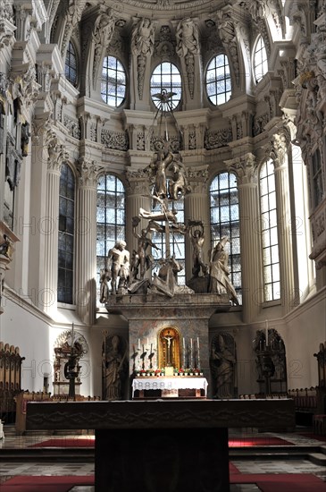 St Stephen's Cathedral, Passau, Baroque chancel with a crucifix and surrounding sculptures, St Stephen's Cathedral, Passau, Bavaria, Germany, Europe