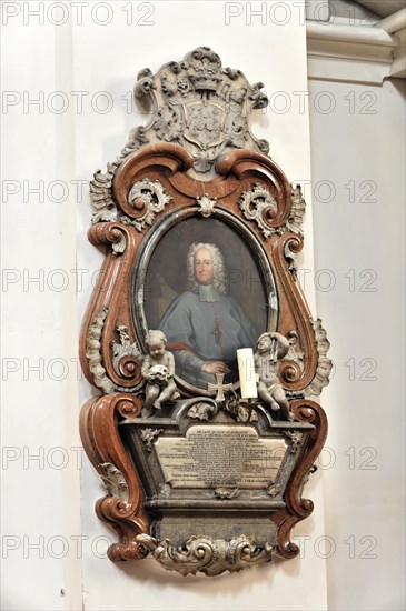 St Stephen's Cathedral, Passau, Baroque memorial plaque with relief portrait framed by sculptural candlesticks, St Stephen's Cathedral, Passau, Bavaria, Germany, Europe