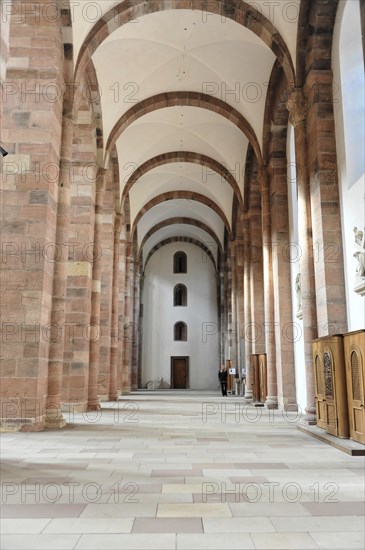 Speyer Cathedral, long nave with stone arches and a patterned tiled floor, Speyer Cathedral, Unesco World Heritage Site, foundation stone laid around 1030, Speyer, Rhineland-Palatinate, Germany, Europe