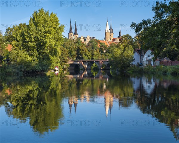 Merseburg Cathedral and Merseburg Castle reflected in the River Saale, Merseburg, Saxony-Anhalt, Germany, Europe